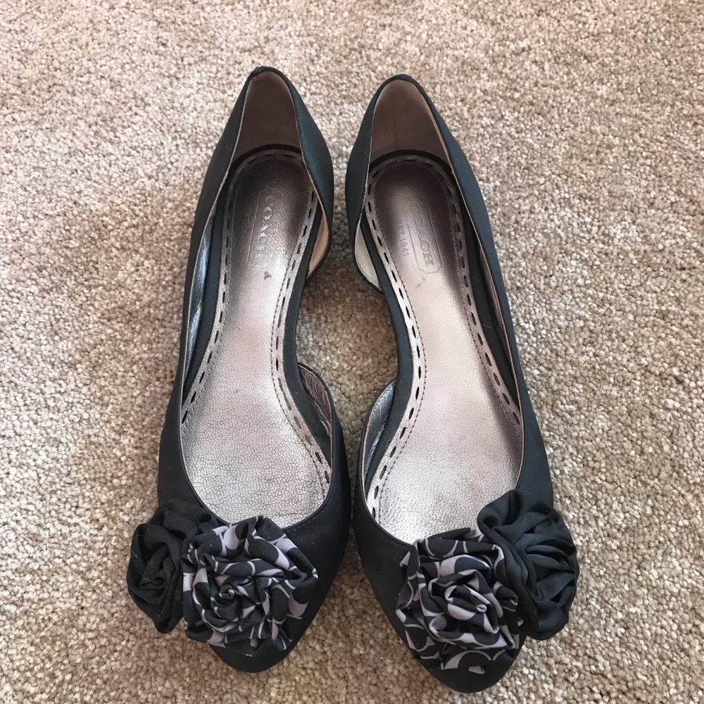Coach Black Satin Floral Point Toe Ballerina Flats